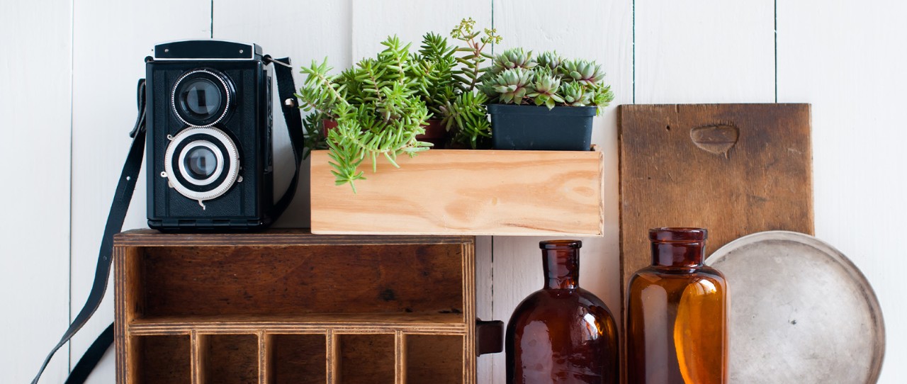 Vintage wooden boxes and jars.